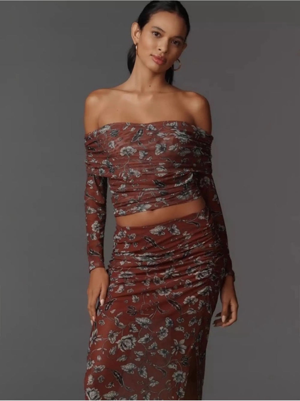 Mauve anthropologie off shoulder mesh floral chocolate brown top